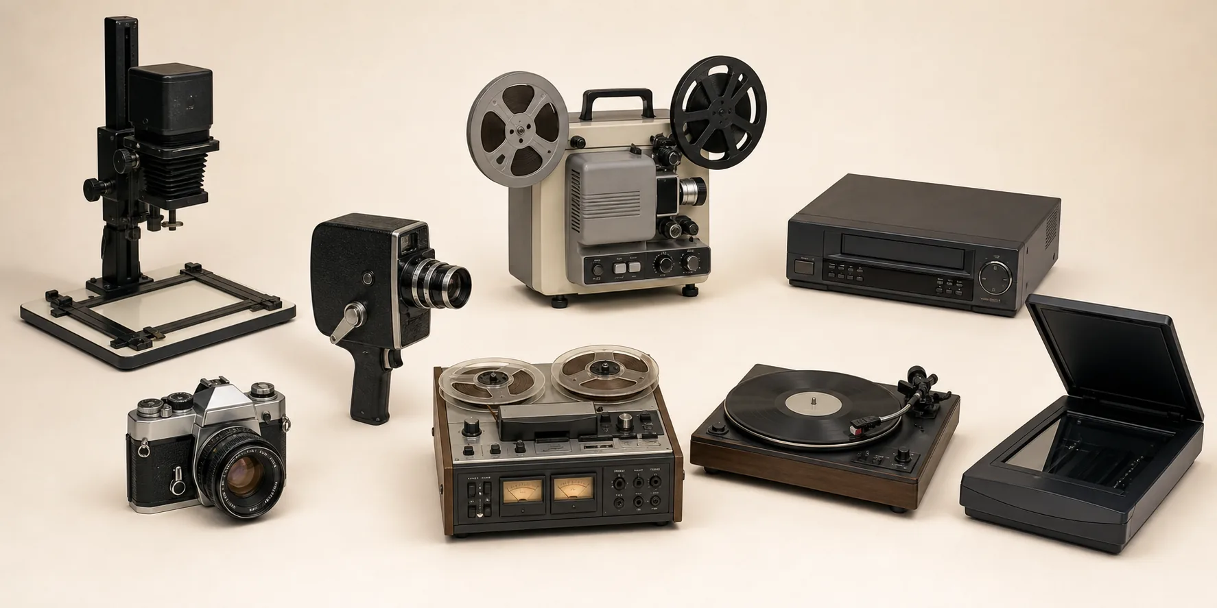 Conjunto com câmera analógica, filmadora, projetor, videocassete, gravador de rolo, toca-discos e scanner