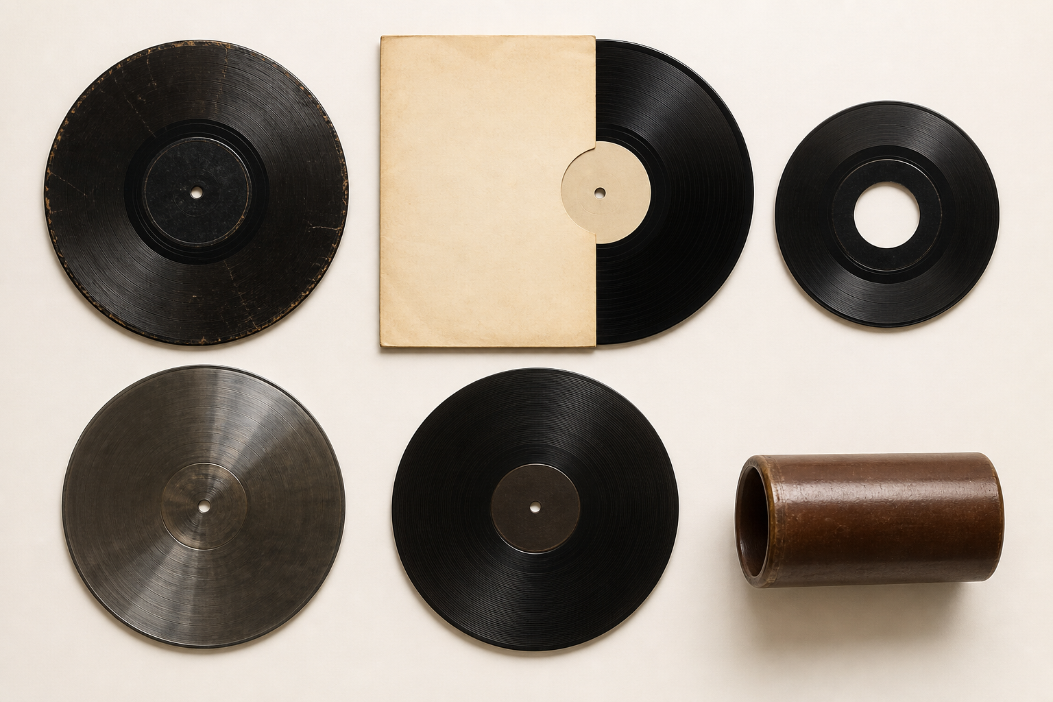 Conjunto com disco 78 rpm, LP, compacto 45 rpm, acetato, disco 16 rpm e cilindro fonográfico